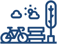 Icons of a bicycle, clouds, a park bench, and a tree to represent the outdoors and fresh air that help keeps people healthy.